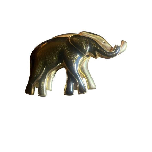 Double Lucky Elephant Vintage Brooch Gray Black Gold Tone Elegant Unique - Picture 3 of 6